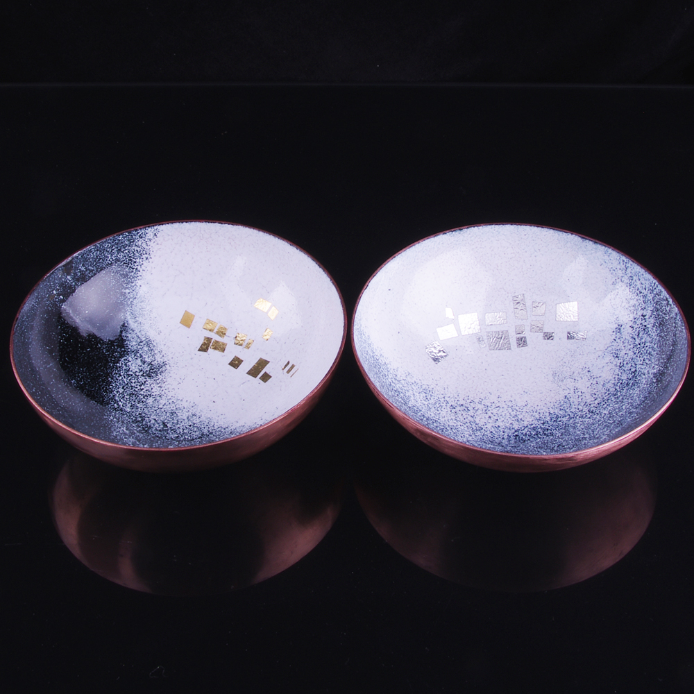 Pair of enamelled copper bowls "less is sometimes more"