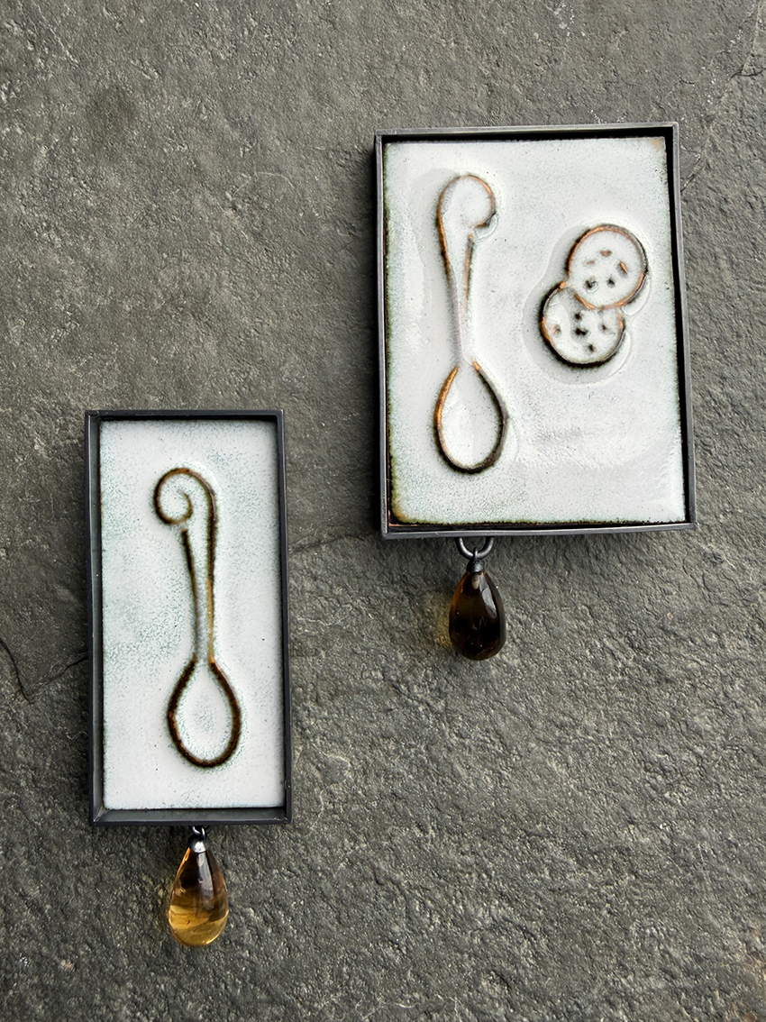 Time for Tea - a pair of brooches on a theme of "a nice cuppa"